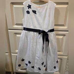 Rachel Riley White and Navy Seashell Embroidery Dress